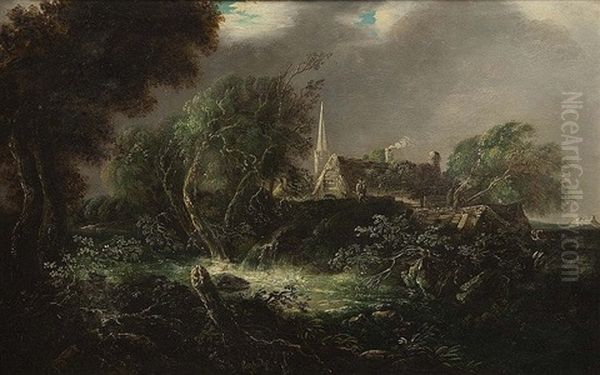 Figures At The Edge Of A River, Cottage And Church Spire Beyond - view 1