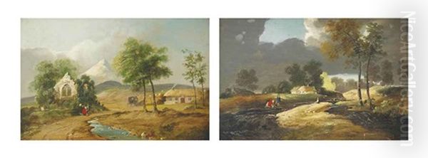 An Extensive Landscape With Figures Conversing On A Track Beside A Ruined Church, The Sugar Loaf Beyond (+ A River Landscape With Figures On A Bank, Cottages Beyond; Pair) - view 1