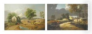 An Extensive Landscape With Figures Conversing On A Track Beside A Ruined Church, The Sugar Loaf Beyond (+ A River Landscape With Figures On A Bank, Cottages Beyond; Pair)