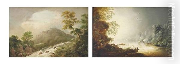 The Salmon Leap At Leixlip, Co. Kildare (+ A Wooded Landscape With A Waterfall, Traditionally Called The Powerscourt Falls, Co. Wicklow; Pair) - view 1