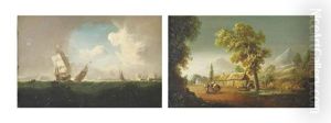 Shipping At The Pigeon House, Dublin Bay (+ The Two Sugar Loaves And Thatched Cottages At Enniskerry, Co. Wicklow; Pair) by William Sadler the Younger