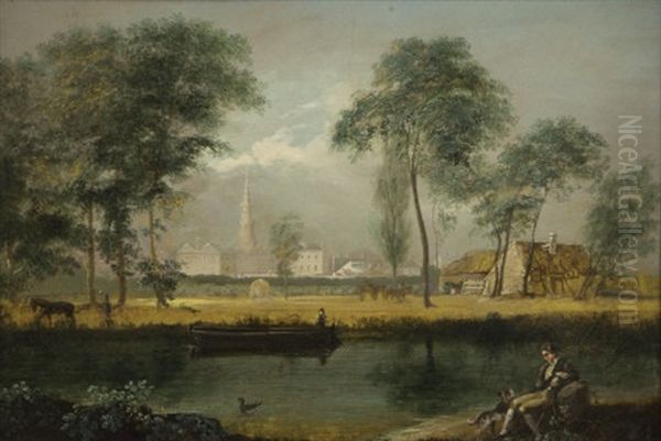 A Riverside Landscape With A Fisherman And Distant Town - view 1