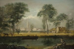 A Riverside Landscape With A Fisherman And Distant Town