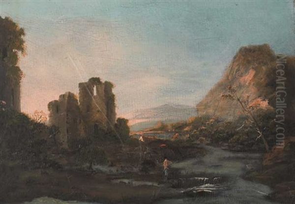 County Wicklow River Scene With Fisherman, Castle And Extensive Landscape - view 1