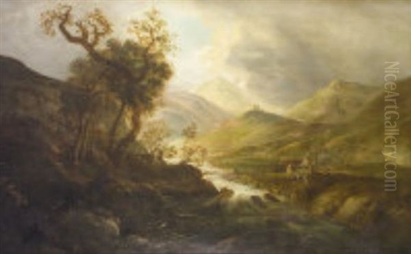 Figures In Mountain Landscape With Hilltop Fort In Distance - view 1