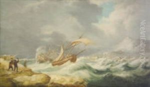 Shipping In Stormy Seas With Distant Port And Mountain Shipping In Stormy Seas With Distant Port And Mountain