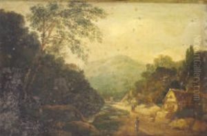 Soldier By Cottage On A Mountain Path, Carriage In The Distance