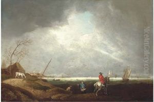 A Coastal Landscape With A Horse And Rider And A Fisherman In The Foreground, And Ships On The Sea Beyond, A Town In The Distance by William Sadler the Younger