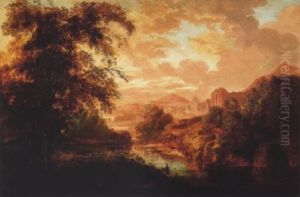 A Capriccio River Landscape With A Classical Town In The Distance At Sunset