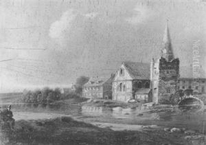 Figures Resting Across A River From A Church
