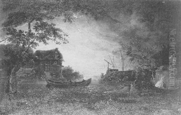 A Coastal Inlet By Moonlight With Figures Tending A Bonfire - view 1