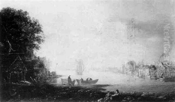 A Riverside Town, With Figures Unloading A Rowing Boat Into A Horse And Carriage - view 1
