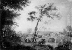 Figures Beside A Wooded River, A Capriccio Town Beyond by William Sadler the Younger