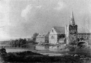 Figures Resting Across River From A Church Figures Resting Across River From A Church