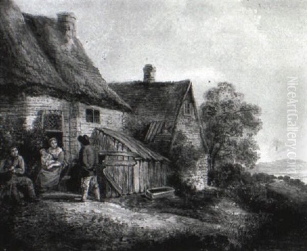 Figures By A Thatched Cottage In A Coastal Landscape - view 1