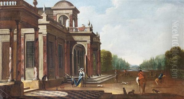 Palast Mit Schlossgarten, Vornehmem Paar Und Jagdgesellschaft - view 1