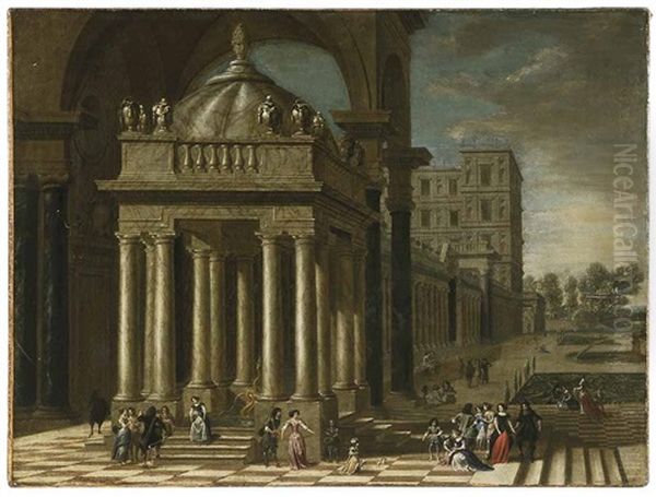 A Classical Portico With Fountain, Elegant Company On A Palatial Terrace With Formal Gardens - view 1