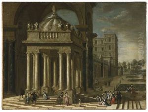 A Classical Portico With Fountain, Elegant Company On A Palatial Terrace With Formal Gardens by Jacob Ferdinand Saeys