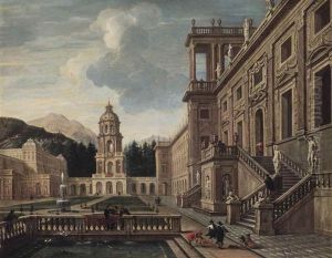 The Courtyard Of A Fantastical Palace With Figures Gathered Around A Fountain by Jacob Ferdinand Saeys