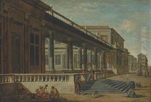 A Capriccio Of A Palace Terrace With A Family Of Mendicants In The Foreground, A Pasha And His Retinue Beyond by Jacob Ferdinand Saeys