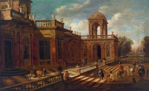 A Capriccio With The View Of A Palace And Mounted Huntsmen