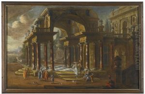 Capriccio Architectural Scenes With Elegant Figures Promenading (2 Works) by Jacob Ferdinand Saeys