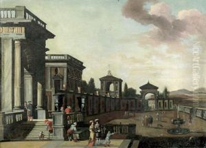 Barocke Palastanlage Mit Elegantem Paar Auf Der Freitreppe Und Staffage
