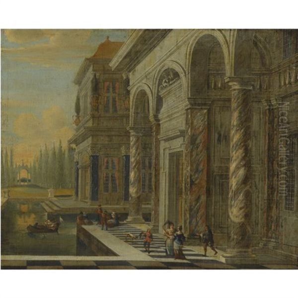 An Architectural View With Elegant Figures Conversing - view 1