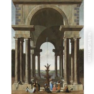 A Classical Portico With An Elegant Company Gathered By A Fountain