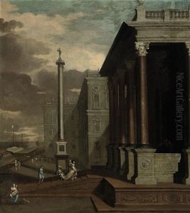 A Port Scene With Elegant Company Approaching A Classical Portico, An Italianate Palace Beyond by Jacob Ferdinand Saeys