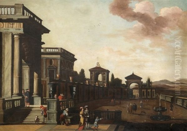 Cour D'un Palais Classique Animee De Promeneurs - view 1