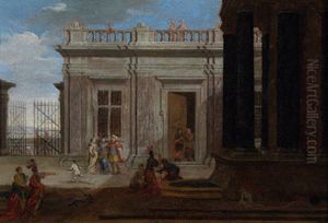 Handler Und Flaneure Vor Einer Eleganten Architekturkulisse Auf Einer Hafenpyromenade (+ Eine Hofische Gesellschaft Im Hof Eines Schlosses; 2 Works) Handler Und Flaneure Vor Einer Eleganten Architekturkulisse Auf Einer Hafenpyromenade (+ Eine Hofische Gesellschaft Im Hof Eines Schlosses; 2 Works)