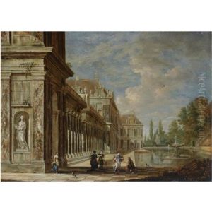 A Palace Capriccio Beside A Fountain With A Soldier And Elegant Figures In The Foreground A Palace Capriccio Beside A Fountain With A Soldier And Elegant Figures In The Foreground