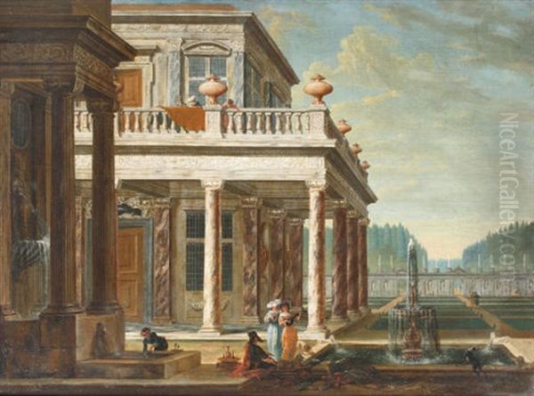 A Capriccio View Of A Classical Palace With Figures Making Music Near A Fountain In An Extensive Garden - view 1
