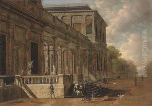 A Palace With Elegant Company Conversing In A Garden, A Lake Beyond by Jacob Ferdinand Saeys