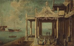A Capriccio View With Figures Conversing Under The Portico Of A Palace