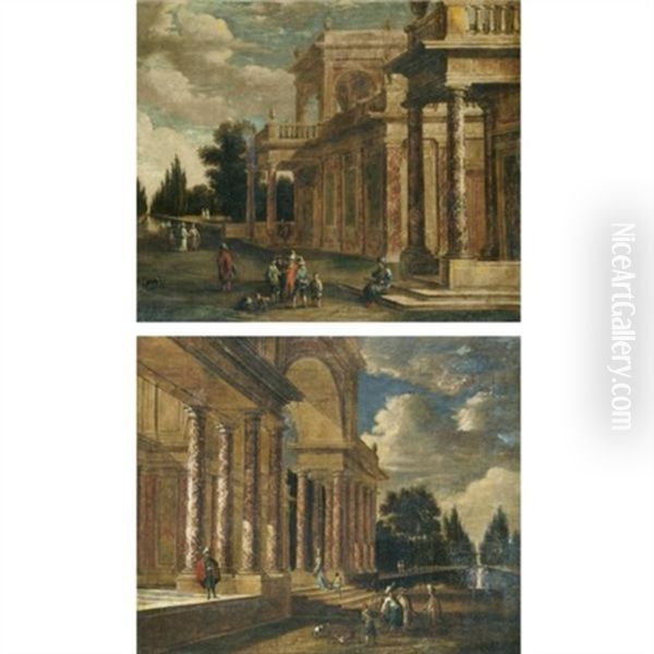 Architectural Capricci With Elegant Figures Conversing In The Foreground (pair) - view 1