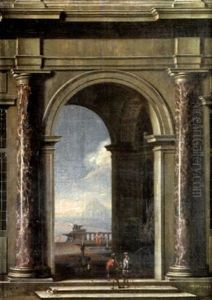 Blick Auf Einen Barocken Torbogen Mit Schwanen Als Springbrunnen Und Eleganten Personen by Jacob Ferdinand Saeys