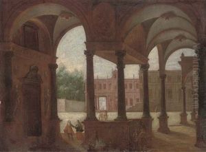 A Capriccio Of A Palace Courtyard With Figures Conversing by Jacob Ferdinand Saeys
