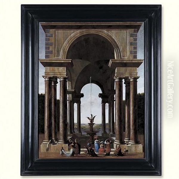 A Classical Portico With An Elegant Company Gathered By A Fountain - view 1