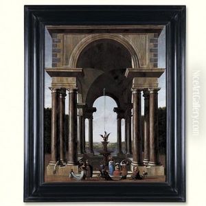 A Classical Portico With An Elegant Company Gathered By A Fountain by Jacob Ferdinand Saeys