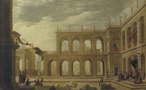 A Classical Palace With Elegant Figures In A Piazza A Classical Palace With Elegant Figures In A Piazza