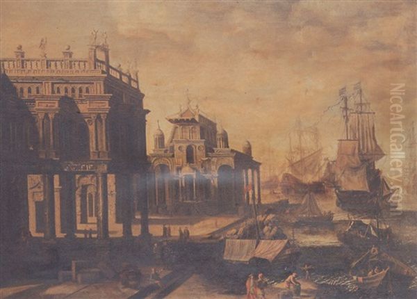 A Mediterranean Seaport, With Shipping In The Harbour And Figures On The Quayside - view 1