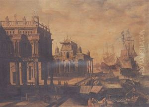 A Mediterranean Seaport, With Shipping In The Harbour And Figures On The Quayside by Jacob Ferdinand Saeys