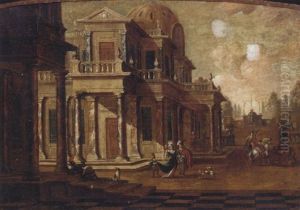 A Capriccio Of A Classical Palace With Elegant Company And Falconers