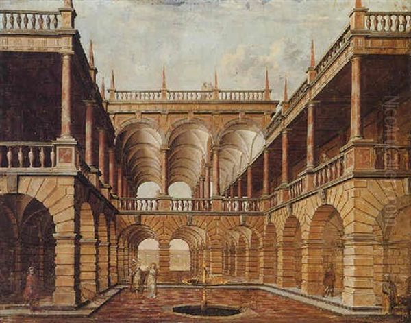 An Architectural Capriccio With Figures In A Classical Courtyard Before A Well - view 1