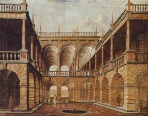 An Architectural Capriccio With Figures In A Classical Courtyard Before A Well by Jacob Ferdinand Saeys