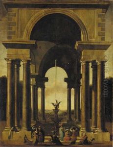 A Classical Portico With An Elegant Company Gathered By A Fountain