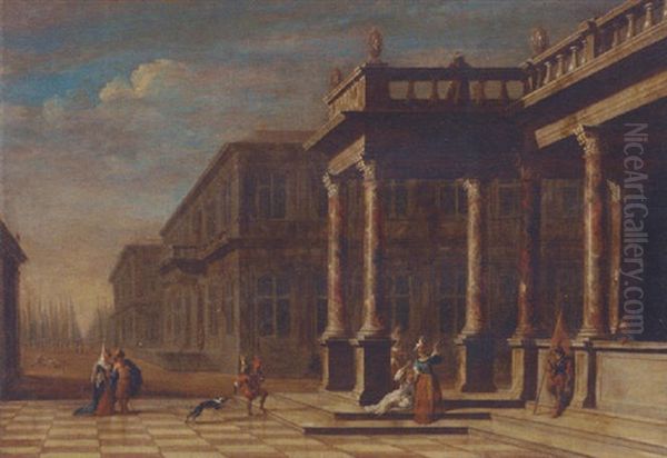 Elegante Figures Before A Palace, A Park Beyond - view 1