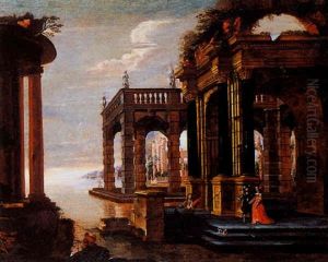 A Capriccio View Of A Classical Palace Architecture With An Elegant Company Near Water